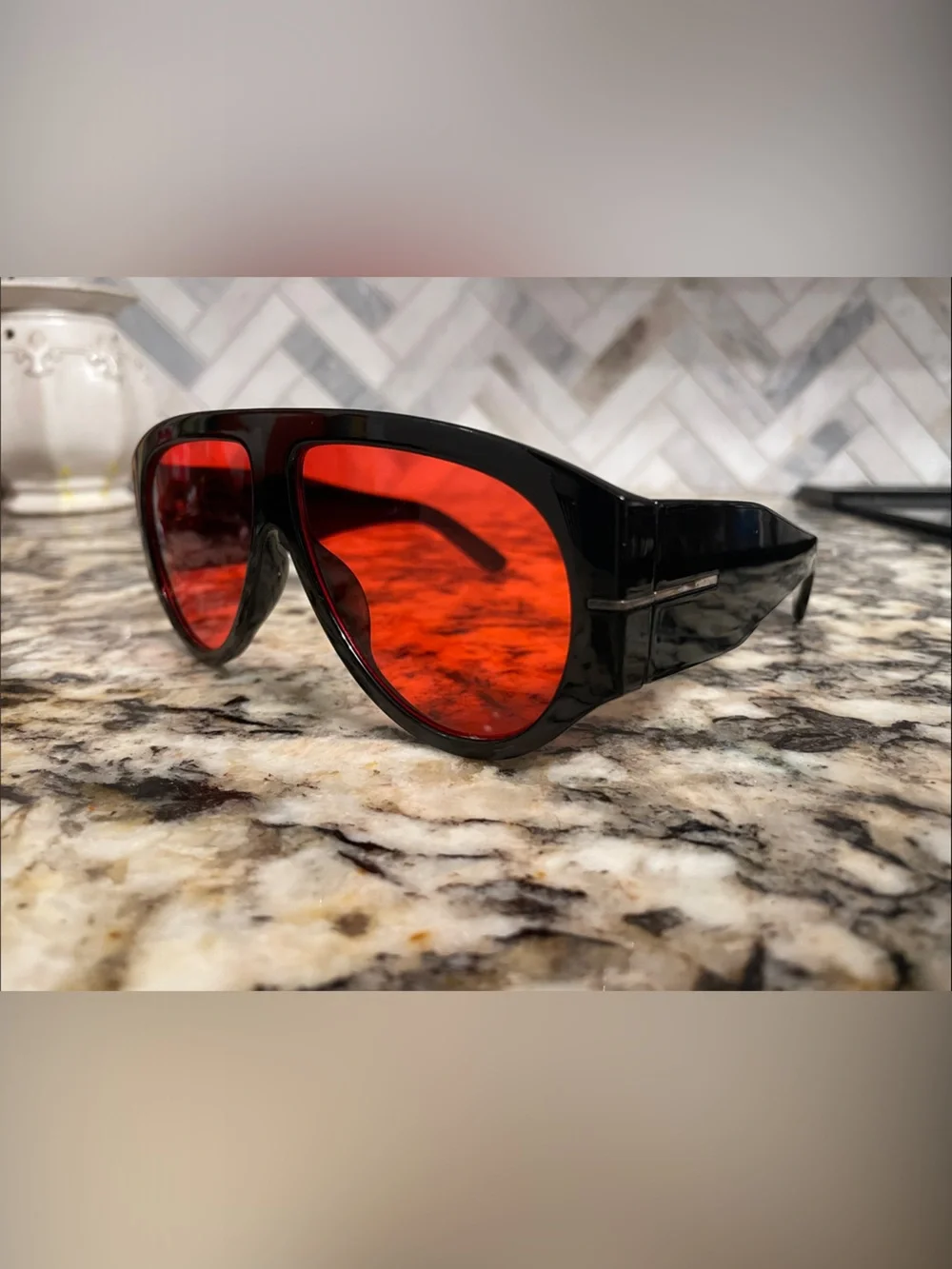 Men's Black Sunglasses with Red Lenses — Bold Shield Style